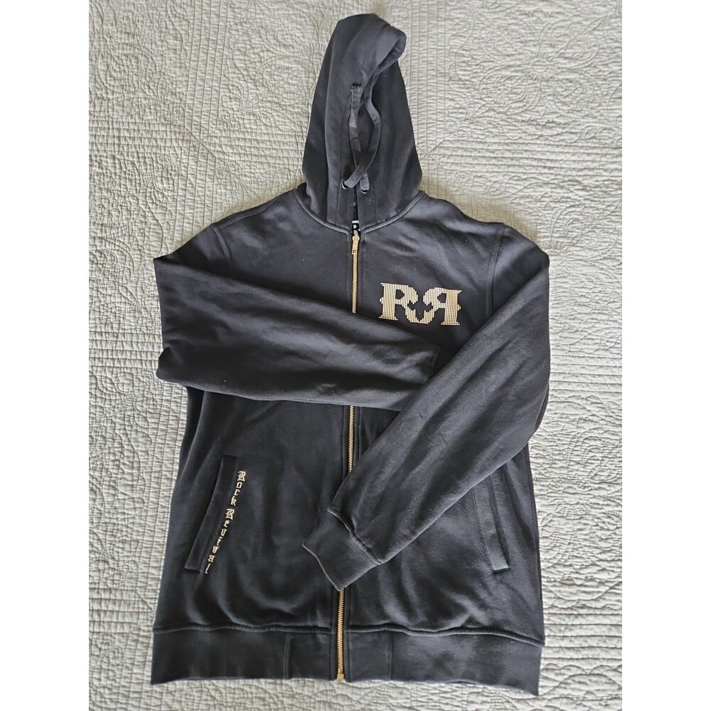Rock Revival Hoodie Mens Medium Black Gold Studded Big Back Hit Full Zip